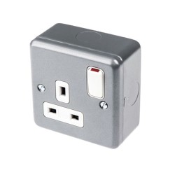 MK K2977ALM Metal Clad 1 Gang DP 13A Switched Socket in Grey with Surface Mounting Box and Dual Earth Terminals