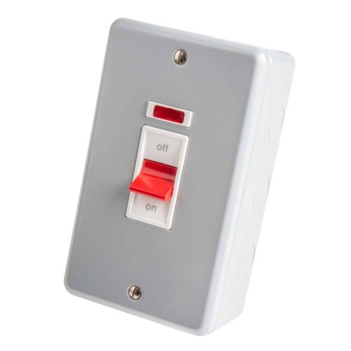 MK K5230ALM Metal Clad 45A Double Pole Red Rocker Switch with Neon on Double Vertical Plate with Back Box, MK Metalclad Plus