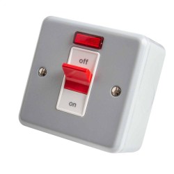 MK K5240ALM Metal Clad 1 Gang 32A Double Pole Red Rocker Switch with Neon with Surface Back Box, MK Metalclad Plus