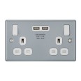 Metalclad 2 Gang 13A Switched Socket with 2 x USB-A 3.1A Charging Sockets 5V DC 15.5W, Outboard Rockers White Trim, and Surface Mounting Box, BG Electrical MC522U