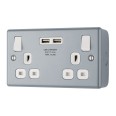 Metalclad 2 Gang 13A Switched Socket with 2 x USB-A 3.1A Charging Sockets 5V DC 15.5W, Outboard Rockers White Trim, and Surface Mounting Box, BG Electrical MC522U