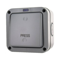 IP66 1 Gang 2 Way 20AX Retractive Switch printed "PRESS" in Grey Polycarbonate with Neon Indicator, Niglon H-WS201R