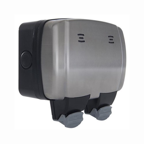 IP66 2 Gang Switched 13A Stainless Steel Outdoor Socket, BG WPL22 DP Double Socket with blue LED