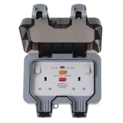 Weatherproof 2 Gang 13A IP66 Switched RCD Socket (Latching) 30mA trip current