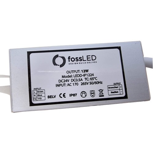 24V 12W IP67 Standard LED Driver Non-dimmable, 170-265V AC Input and 24V Output, FossLED LEDD-IP1224