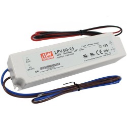 IP67 rated 24V 60W Non-Dimmable Constant Voltage LED Driver 100-240V AC Input, Mean Well LPV-60-24