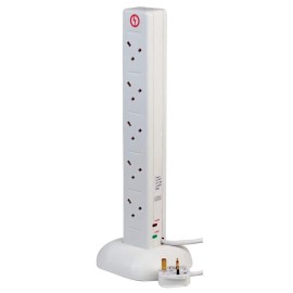 10 Gang 13A Surge Protected Tower non-rewireable Extension Socket with 2x USB Charger (5V 2.4A shared)