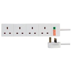 4 Gang 13A Socket Extension Lead Surge Protected Non-Switched in White with 2m Cable