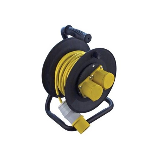 25m Yellow Arctic Extension Cable Reel with 16A 110V Plug and 2x16A Socket Outlets and Metal Stand