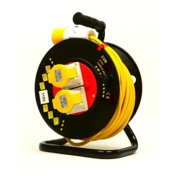 25m Yellow Arctic Extension Cable Reel with 16A 110V Plug and 2x16A Socket Outlets and Metal Stand
