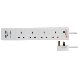 4 Gang 13A Unswitched Sockets + 2 USB-A Sockets Surge Protected Extension Lead in White with 2m Cable