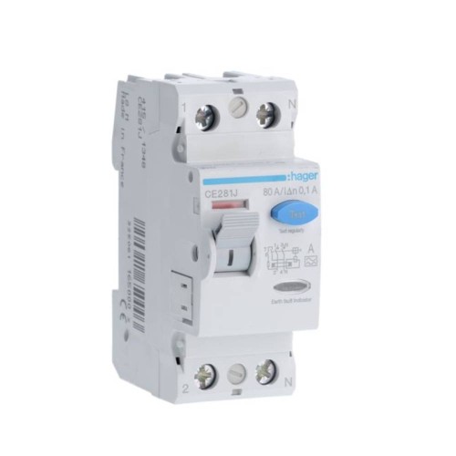 Hager CD283U RCD Double Pole 80A 30mA type A RCCB, IP20 DIN rail type O Residual Current Circuit Breaker