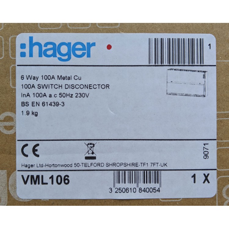 Hager 6-way Metal Consumer Unit with 100amp switch VML106 
