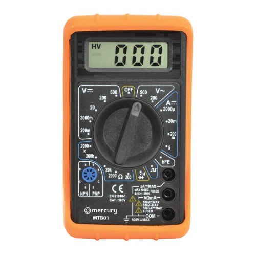 Digital Multimeter offering 19 Testing Ranges and 7 Functions c/w Shrouded Testing Probes, PVC Shockproof Jacket and Battery