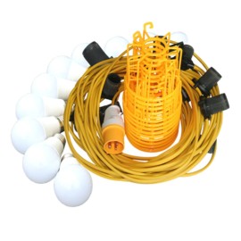 22m 110V Yellow Festoon LED Light Kit c/w 10x 10W 700lm LED Lamps and Protective Guards