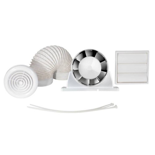 Airflow 9041420 Aura 100mm Basic In-Line Shower Fan Kit: Aura 100B fan, 3m Flexible Duct, Extract Valve, and External Grille