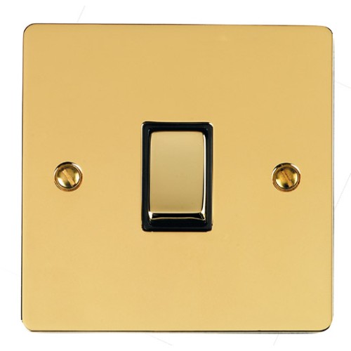 1 Gang Intermediate 10A Rocker Switch in Polished Brass Plate and Switch with Black Plastic Trim, Elite Flat Plate