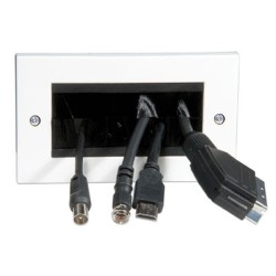 2 Gang 4 Module Wide Cable Entry/Exit Plate with Black Brush on White Plastic Plate