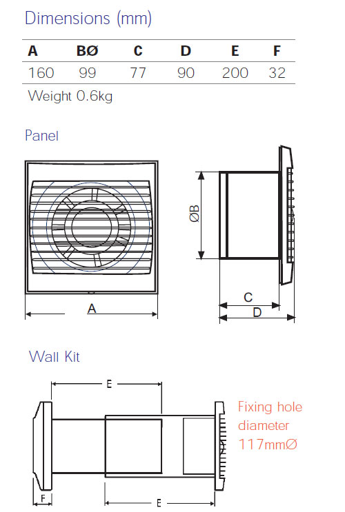 The dimensions of the Vent-Axia Silhouette 100H Bathroom fan, Slim 100mm Extractor Fan with humidity sensor