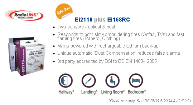 Main features of Aico Ei2110 plus the Aico Ei168RC Base - Responds to both slow smouldering fires (Sofas, TVs) and fast flaming fires (Papers, Clothing), Ideal for: Hallway, Landing, Living Room, and Bedroom(Guidance only. See BS 5839-6:2004 for full info)