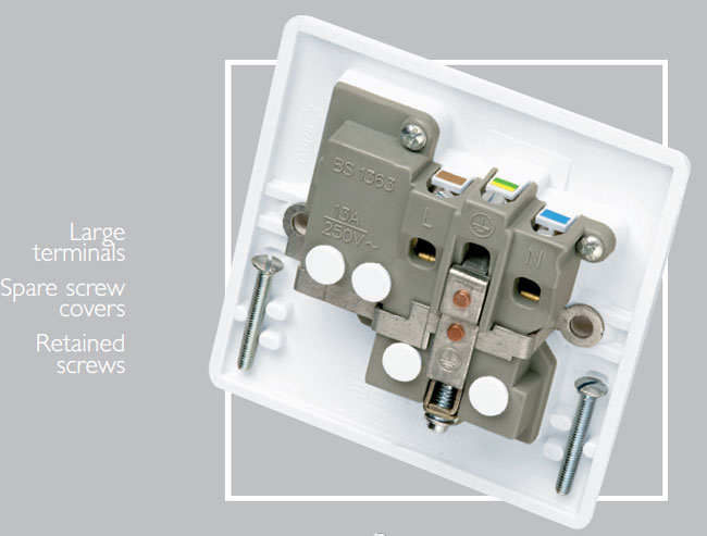 The BG Nexus White Moulded Wiring Devices - Large Terminals, Spare Screw Covers, and Retainer Screws