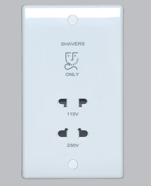 Wiring devices with softly rounded corners and gently curved rockers - stylish bathroom shaver socket from BG Nexus moulded white range.
