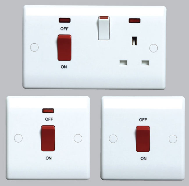 Modern slimline profile switches and sockets from BG - the BG Double Pole 45 Amp switches, cooker switches, and cooker control units with sockets.