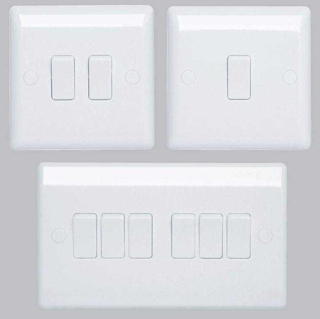 Slick and slim wiring devices from British General - the BG Nexus White switches: 1G 10AX switches, intermmediate switches, 2 gang 2 way 10AX switches, 4 gang 2 way switch, etc