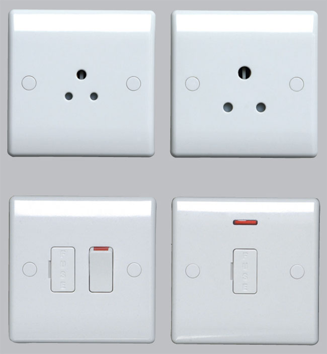 Softly rounded corners and gently curved rockers devices from BG, the Nexus Round Pin Socket Outlets and the 13A Fused Connection Units.