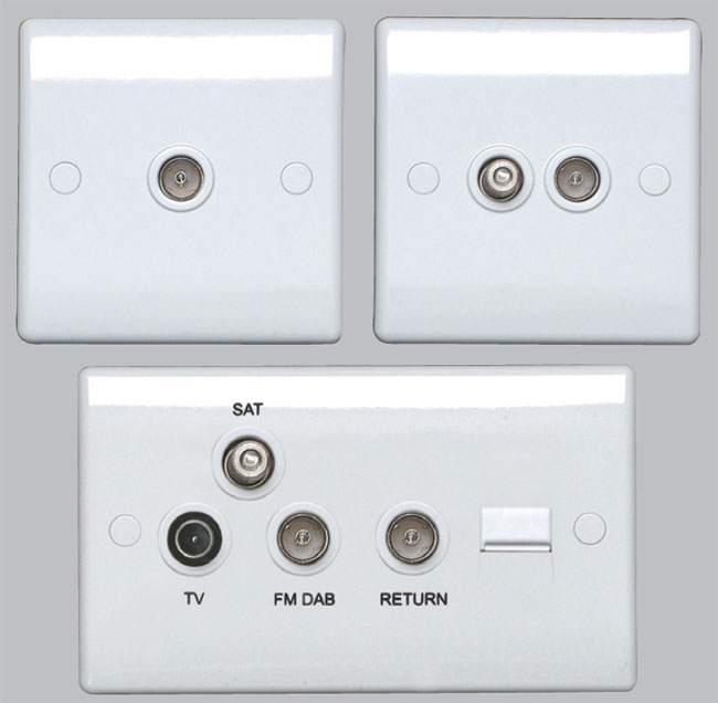 Superior quality white plastic switches and sockets from BG Nexus - single or double gang co-axial sockets, the diplex TV/FM sockets, and the Triplex with BT outlet and co-ax return