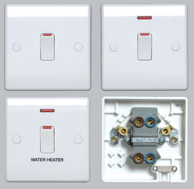 Stylish plastic wiring devices from British General - the BG Nexus White 20A Double Pole Switches, either with neon, marked Water Heater, or with Flex Outlet.