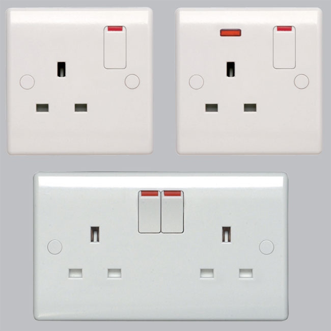 Easy installation and stylish profile switches and sockets - Single sockets, double sockets, and Single/Double pole switched socket outlets.