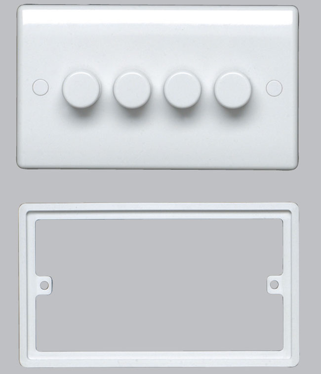 Easy installation and great looks - white plastic wiring devices from BG Nexus, the four gang dimmer switch from British General Nexus White plastic range.