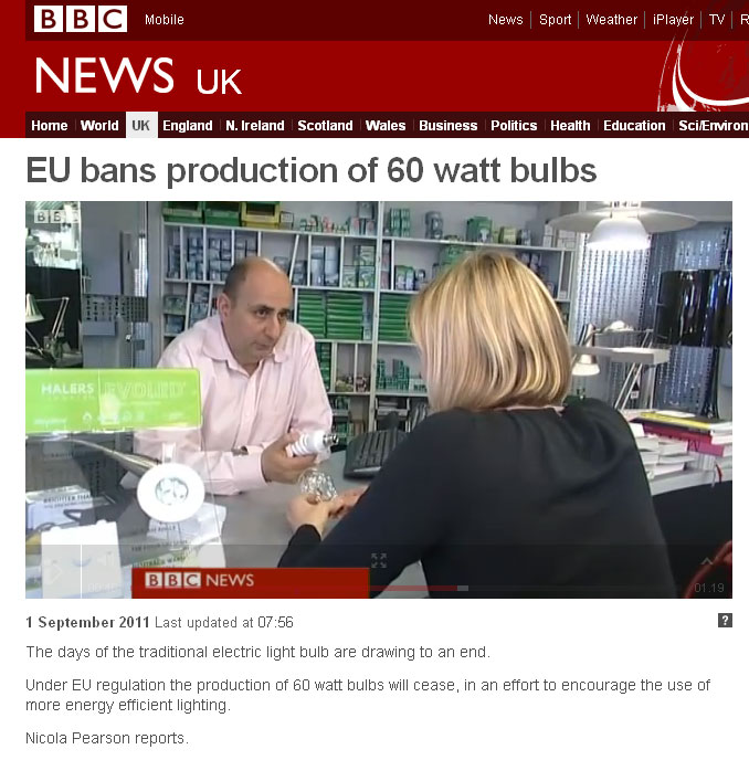 Breaking News: Sparks Electrical on BBC News via, EU bans production of 60 watt bulbs!