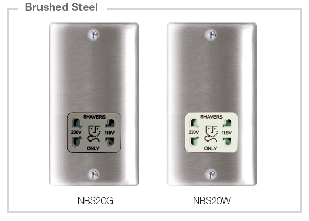 the BG Nexus metal Shaver Socket in brushed steel - with grey insert (to the left, NGS20G) or white insert (to the right, NBS20W).