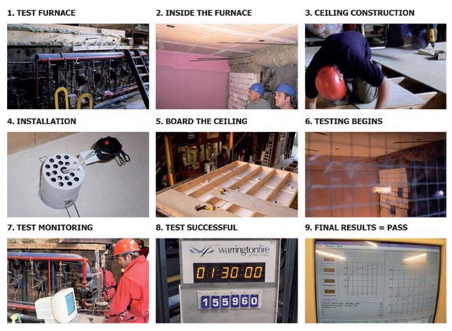 More about process of testing the fire rated downlights: the test furnace, inside the furnace, the ceiling construction, the installation, board the ceiling, begin the testing, test monitoring, the success of the test, and the final results - PASS!