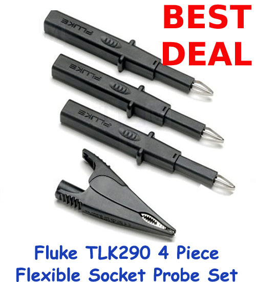 The Fluke TLK290 is a four piece flexible socket probe set composed of three flexible socket probes and one large alligator clip. It is ideal for use on motor and three phase sockets. 