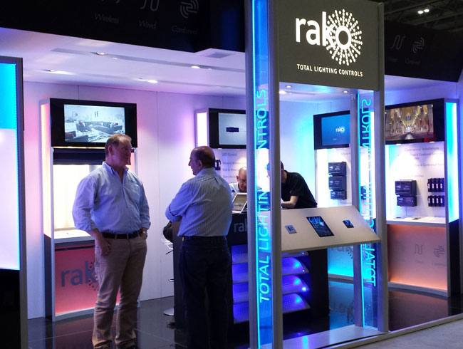 Rako Controls - always glad to meet them and enjoy the warm blue light of their booth! Dimming systems with wireless control.