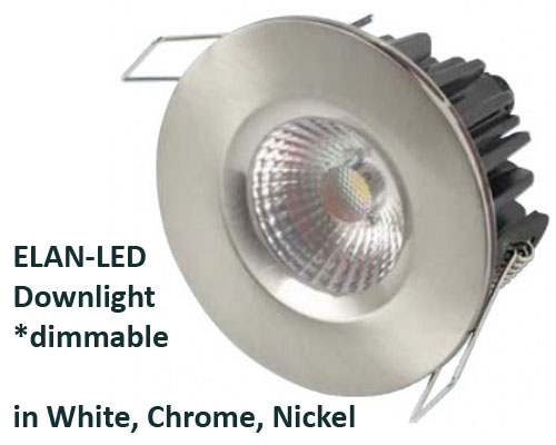 ELAN-LED downlight, dimmable, available in White, Chrome, and Nickel