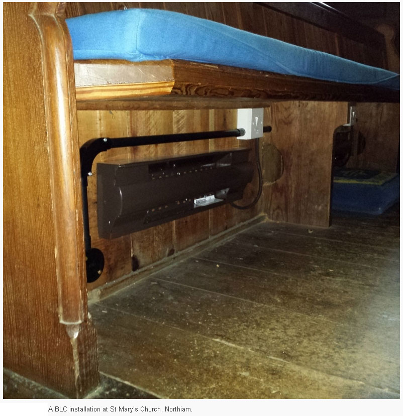 Church heating: BN Thermic pew heater installed in a church (St Mary's church, Northiam)