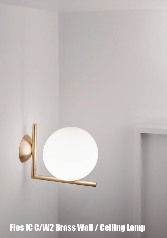Flos iC C/W2 Brass Wall / Ceiling Lamp with Opal Diffuser, design: Michael Anastassiades