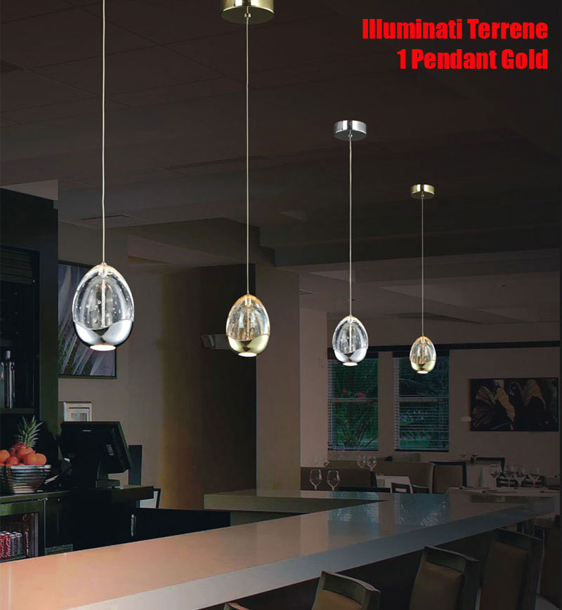 Illuminati Terrene 1 lamp "Golden Egg" LED Pendant in Gold "Champagne Bubble Glass" (our code: ILX153)
