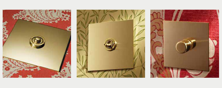 Unlacquered Brass Switches and sockets: 1. Unlacquered Brass button dimmer 2. Unlacquered Brass dolly 3. Unlacquered Brass Rotary dimmer