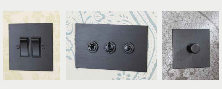 1. Antique Bronze rocker switch 2. Antique Bronze dolly switch and button dimmer 3. Antique Bronze rotary dimmer