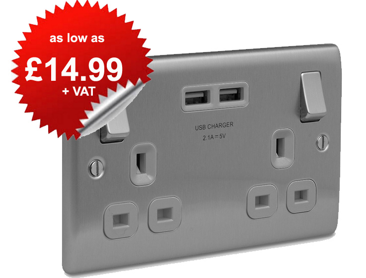 BG Nexus NBS22U Brushed Steel Flat Plate Twin 13A Socket with 2 x USB Ports - as low as £14.99 + VAT