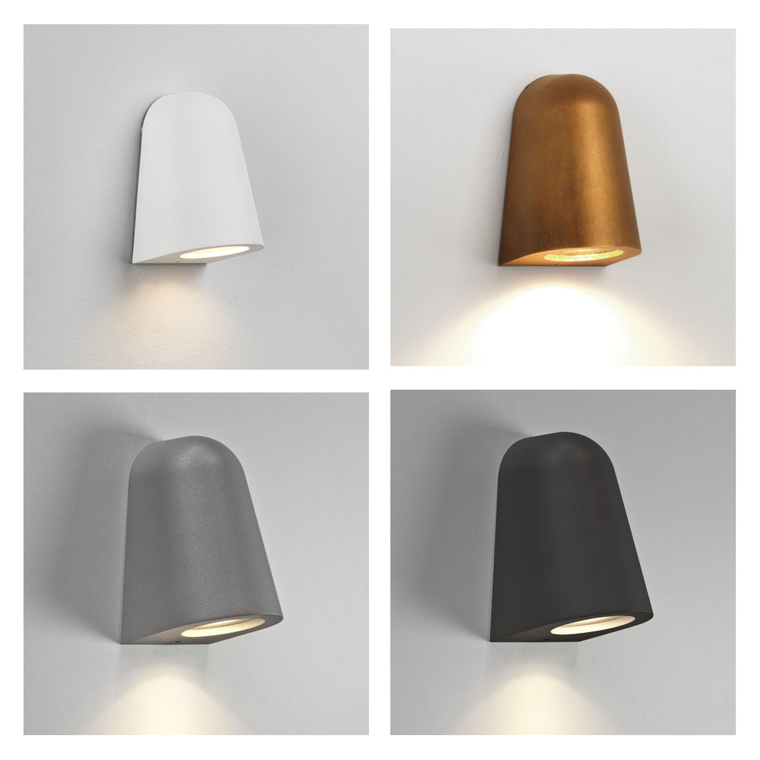 The Mast range - Mast Wall Lights in Antique Brass, Matt White, Textured black, and Painted Silver, with an IP rating of IP65 and taking max. 1 x 35W GU10 lamp (not included). 1000h Salt Spray Tested.