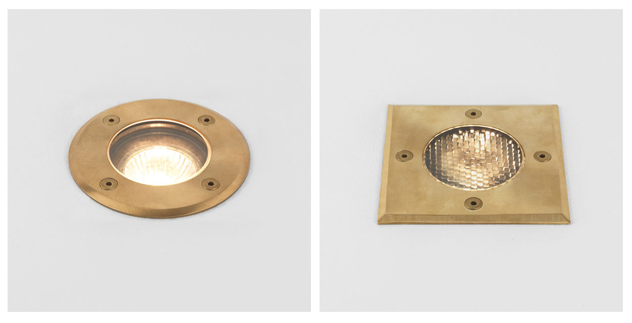 Gramos Round or Square Ground Light in a Natural Brass finish, ideal for Walkover Lighting.