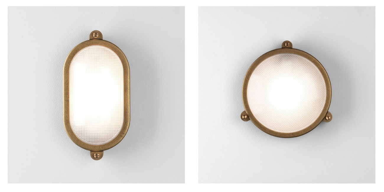 Malibu Oval or Round Antique Brass Coastal Wall Light taking a E27 Lamp, made of Brass.