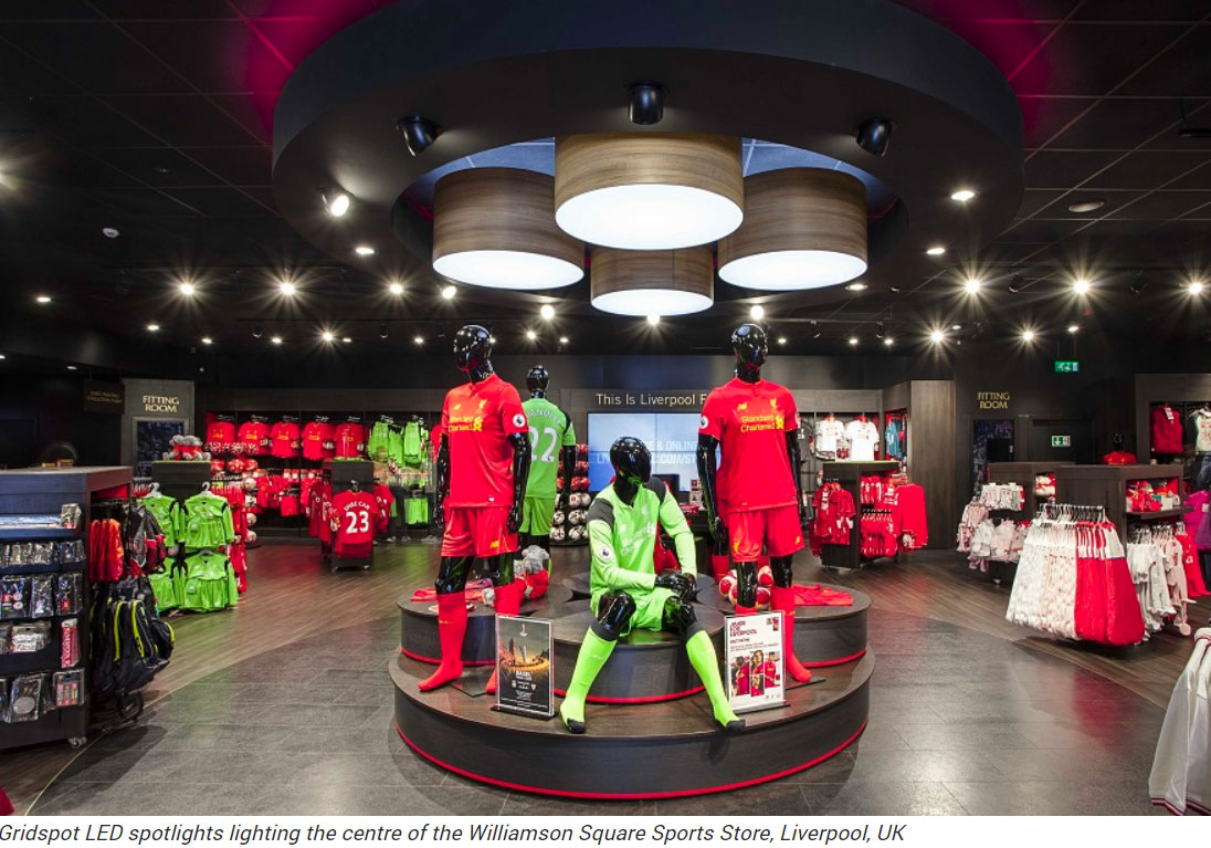 Illuma Gridspot LED used in Williamson Square Sports Store, Liverpool, UK, for the Liverpool Football Club. 