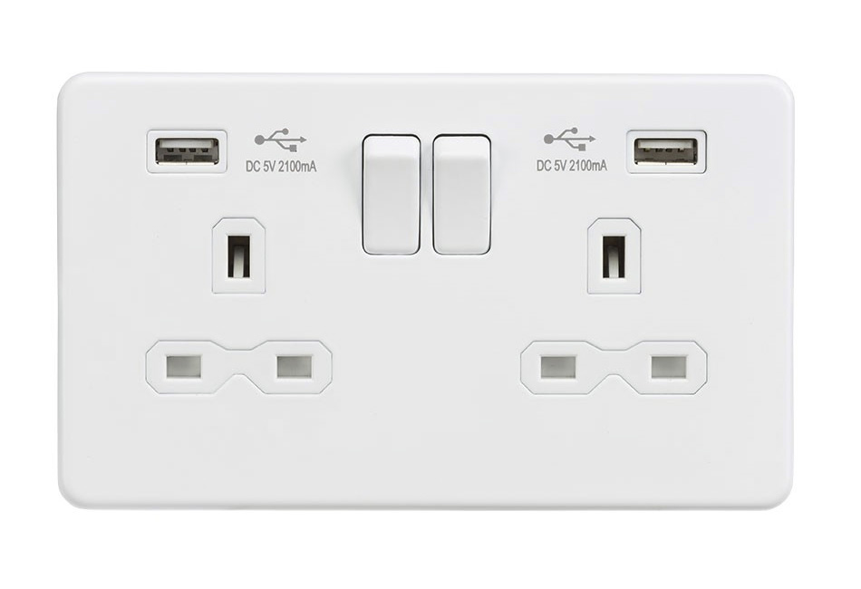 Here's a 2 Gang 13A Switched Socket with Dual USB Charger 5V 2.1A Screwless Matt White Flat Metal Plate Knightsbridge SFR9902MW - this is in the UK. Be safe when charging abroad!
